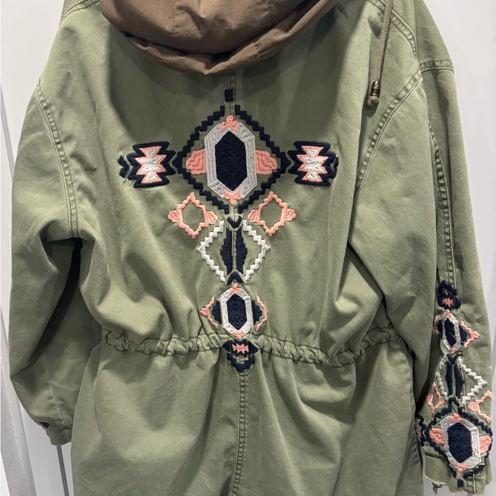 Free People Embroidered Army Green Hooded Tribal Embroidered Twill Parka Large - Picture 8 of 12